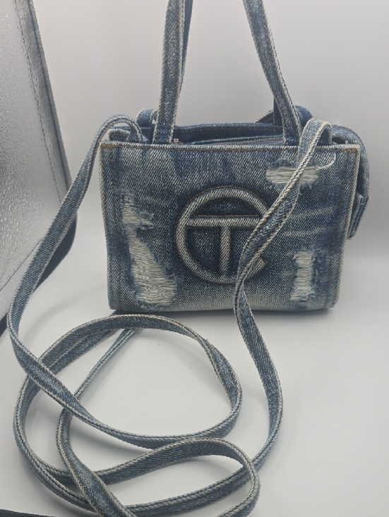 Telfar Handbags - Telfar Small Shoppers Tote Distressed Light Wash Denim Crossbody Bag (EUC)🤍💙🤍